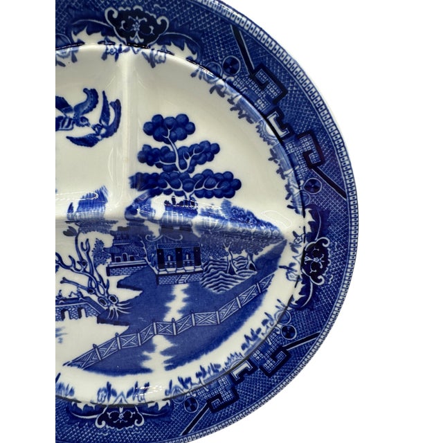 Mid 20th Century Vintage Shenago Blue Willow China Divided Ceramic Plate For Sale - Image 5 of 12