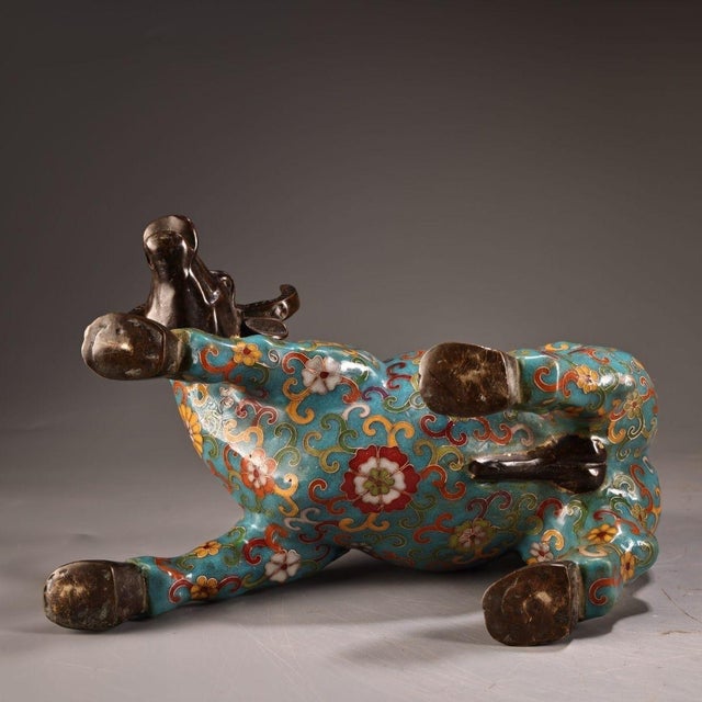 Vintage Cloisonné Enamel Ox Statue With Floral Motif For Sale In Los Angeles - Image 6 of 9
