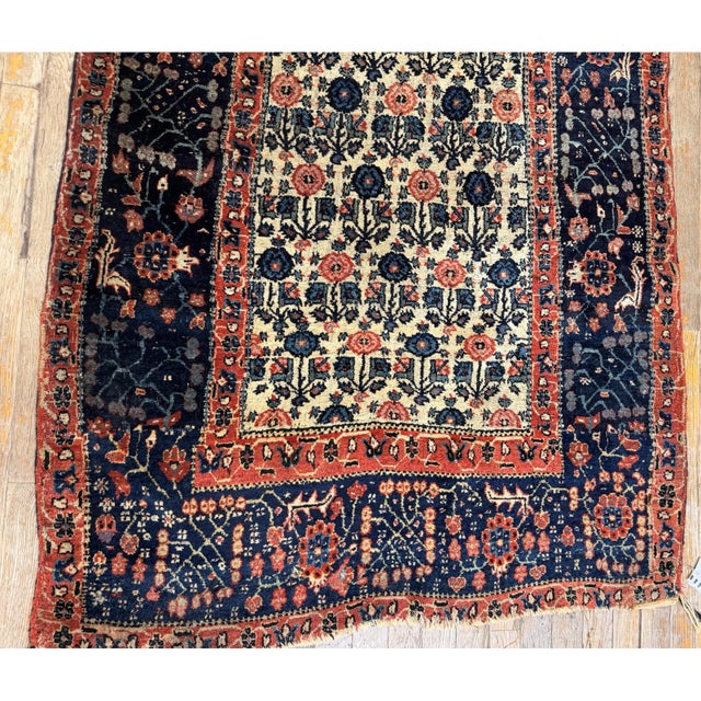 Mid 19th Century 1860s Ivory Antique Paisley Geometric Wool Knotted Bijar Runner Rug For Sale - Image 5 of 6