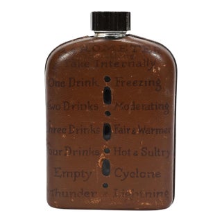 Vintage Leather Covered Glass Flask With Drunk Poem & Barometer, Circa 1940s For Sale