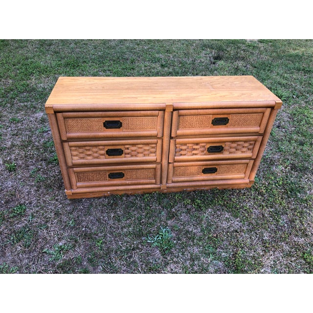 1970s Hollywood Regency Dixie Wicker Weave Campaign Lowboy Dresser
