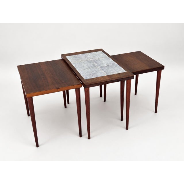 Wood Rosewood Nesting Tables with Ceramic Tiles, Denmark, 1960s, Set of 3 For Sale - Image 7 of 18