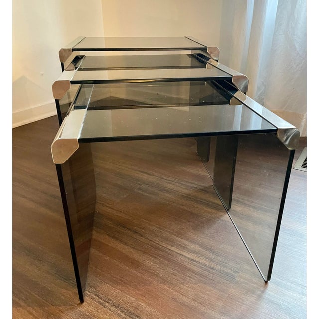 Transparent 1970s Italian Chrome Nesting Coffee Tables With Smoked Glass Top- Pierangelo Gallotti - Set of 3 For Sale - Image 8 of 10