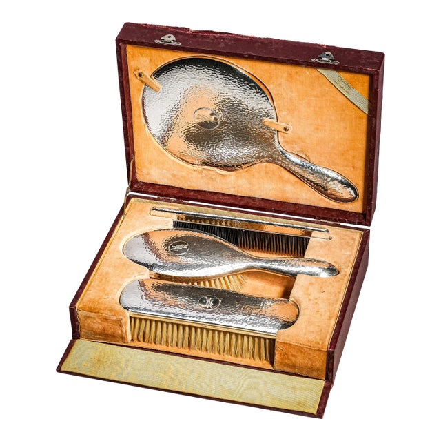 Stunning Antique Japanese Sterling Silver Vanity Set Okubo Hand Hammered Dressing Table Set Brush Comb Mirror Luxury Home Decor For Sale