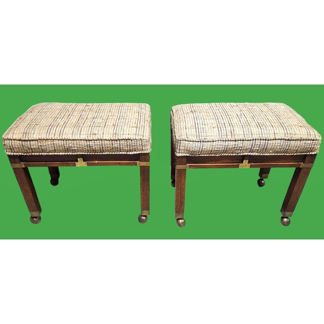 Mid-Century Modern Pair of Vintage Hekman Chinoiserie Campaign Style Stools on Casters For Sale - Image 3 of 8