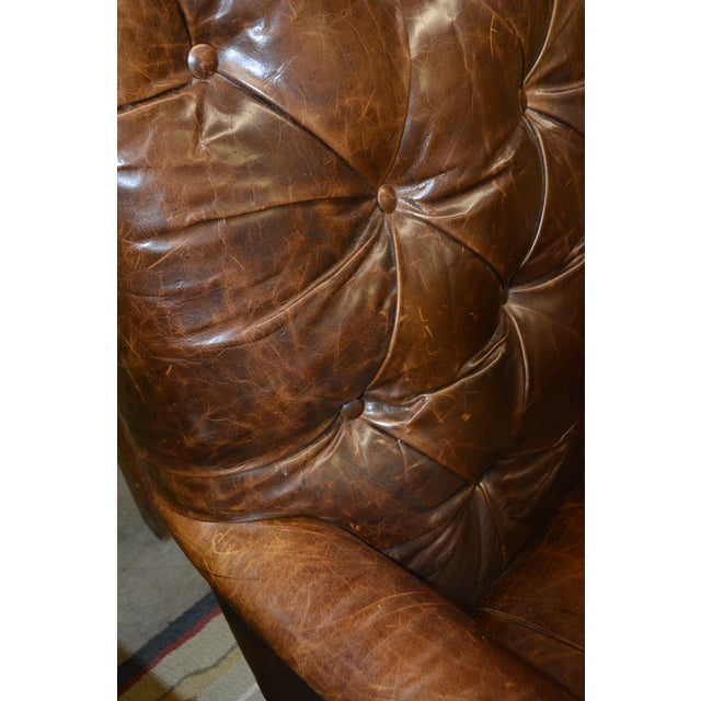 1990s Pair Tufted Back Brown Leather Arm Club Chairs High Back - English Library / Cigar Lounge For Sale - Image 10 of 17