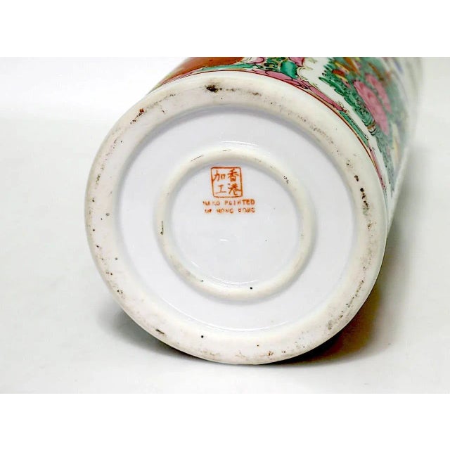 Metal Large Vintage Hong Kong Chinese Hand Painted Rose Medallion White Porcelain 'Hat Stand' Cylinder Vase, Gilt Highlights For Sale - Image 7 of 7
