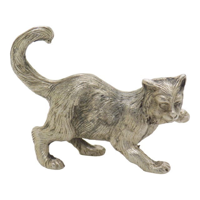 Vintage Italian Handmade Genuine Silver Playful Cat Figurine Sculpture Miniature For Sale