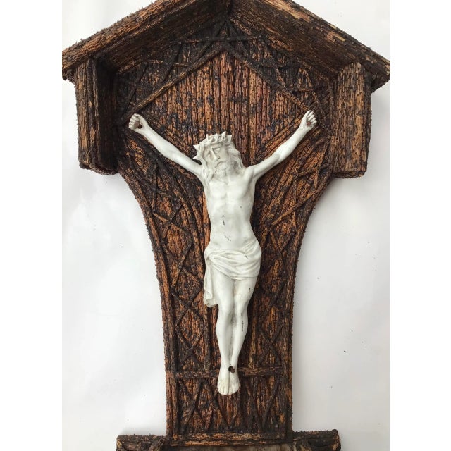 Late 1800s wood wall pocket ornately twig decorated with porcelain crucifix attached to back of piece, found in Adirondack...