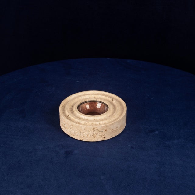 1970s Italian Round Travertine and Copper-Toned Metal Ashtray, 1970 For Sale - Image 5 of 18
