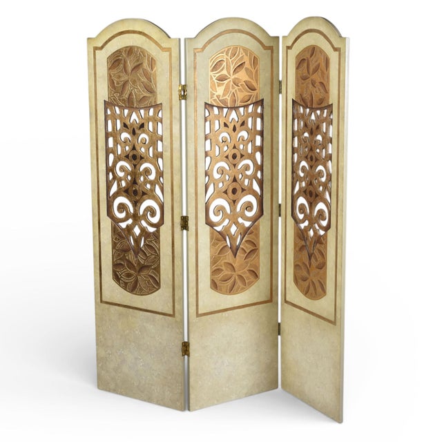 Mediterranean Italianate Gold Leaf and Cream Colored 3 Panel Room Divider Screen For Sale - Image 3 of 12