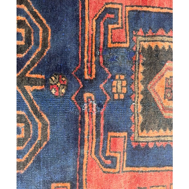 Mid-Century Hand Knotted Wool Rug - Navy Madder Tribal Geometric For Sale - Image 9 of 11