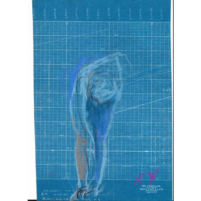 1968 pastel drawing of a bending female nude on blueprint paper by artist Katherine Yares. This comes from her student...