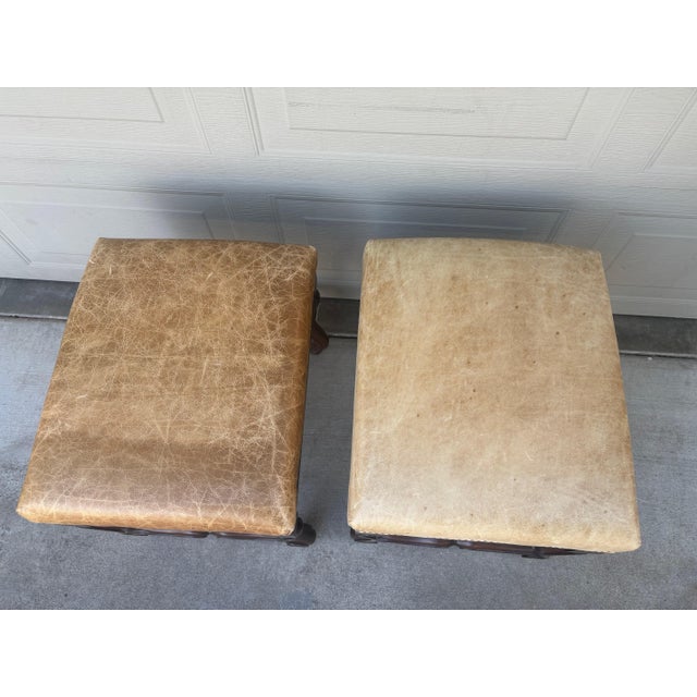 2000 - 2009 Hancock & Moore Leather Ottoman Stools Benches Walnut French Spanish Style a Pair For Sale - Image 5 of 9