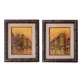 Vintage Giovanni Lentini Brutalist Paris Cityscape Paintings - A Pair For Sale