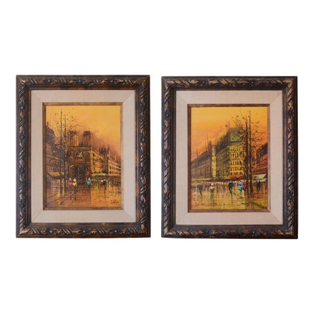 Vintage Giovanni Lentini Brutalist Paris Cityscape Paintings - A Pair For Sale