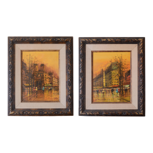 Vintage Giovanni Lentini Brutalist Paris Cityscape Paintings - A Pair