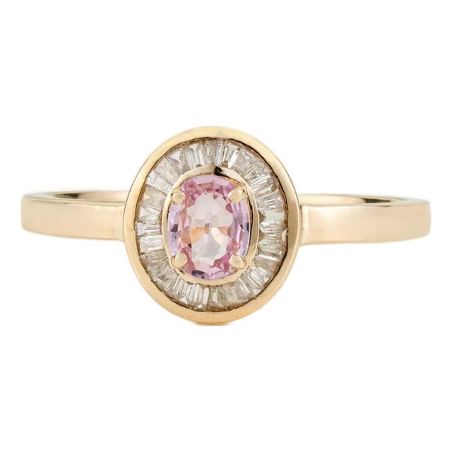Pink Sapphire & Baguette Diamond Vintage Ring in 14k Yellow Gold Size 8 For Sale
