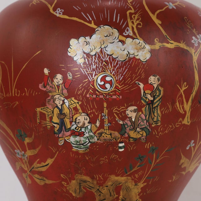 Ceramic Pair of Vintage Hand Painted Chinoiserie Red Ginger Jar Table Lamps With Figural Narrative For Sale - Image 7 of 13