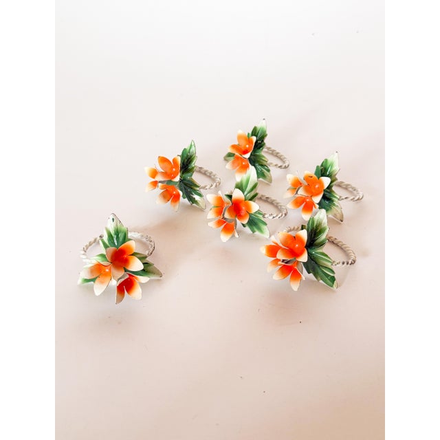Orange Vintage Tole Flower Napkin Rings- Set of 6 For Sale - Image 8 of 8