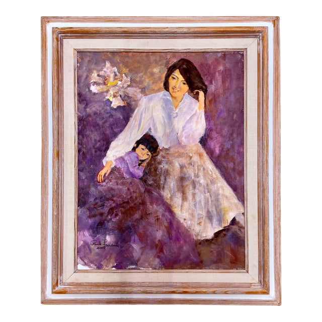 Vintage Mother and Daughter Framed Purple Floral Portrait Painting, Signed For Sale
