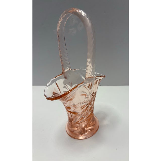 Indiana Glass Company Vintage 1930s Pink Pressed Glass Handled Basket With Starburst Design 8” For Sale - Image 4 of 7