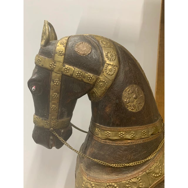 Large Antique Copper & Brass Clad Carved Wooden Horse For Sale In Dallas - Image 6 of 10