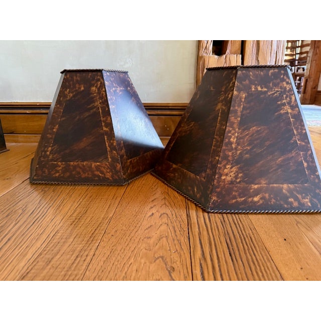 Rare pair of elegant, custom painted metal lamp shades in rich tortoise. Each weighs 5 lbs. for a total of 10 lbs. for the...