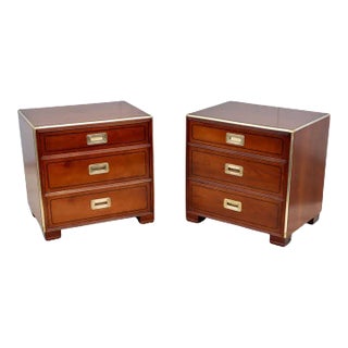 1960s Baker Cherrywood & Brass 3 Drawer Night Stands - A Pair For Sale