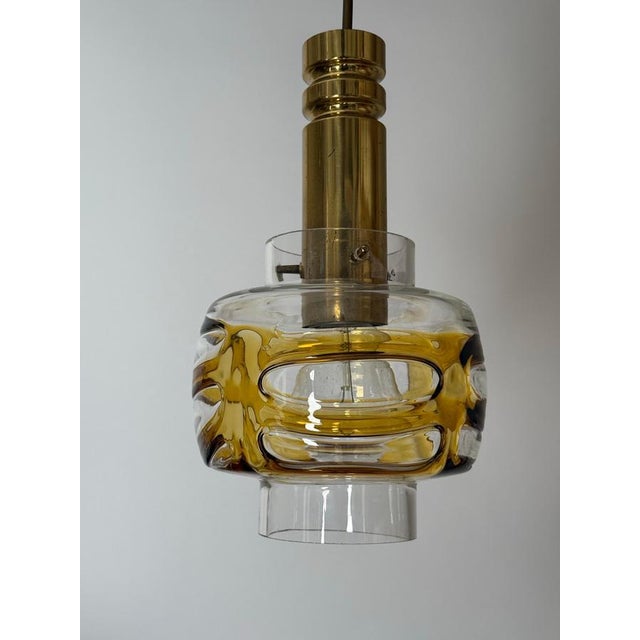 Mid-Century Murano Glass Pendant Lamp with Golden Yellow Waves and Brass, 1970s For Sale - Image 3 of 18