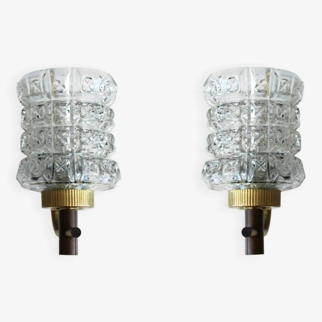 Wall Sconces in Textured Glass with Wood and Gilt Metal, 1970, Set of 2 For Sale - Image 10 of 10