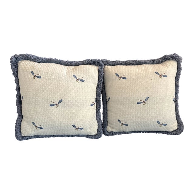 Two Decorative Pillows With Dragon Flies and Fringe For Sale