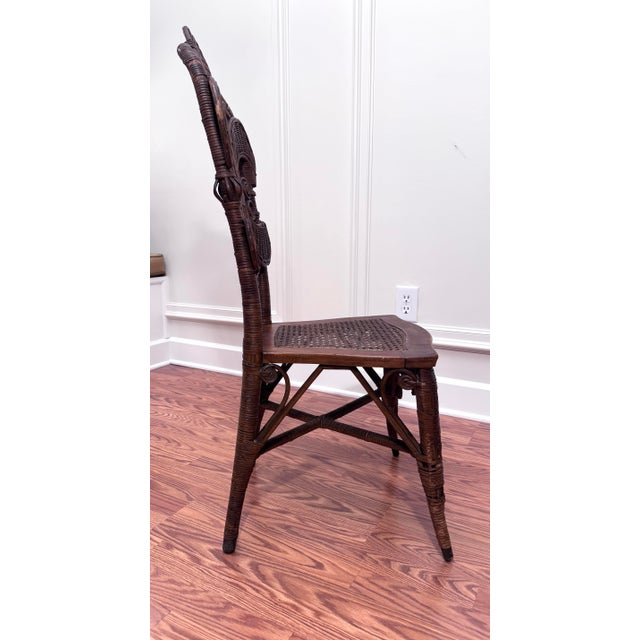 Antique Art Nouveau "Fleur De Lis" Wicker & Cane Solid Wood Accent Chair in the Style of Heywood-Wakefield For Sale In Houston - Image 6 of 12