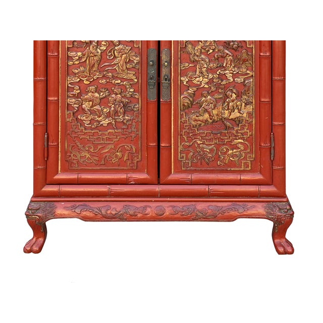 Wood Oriental Red Matte Golden Relief Carving Small Cabinet Chest For Sale - Image 7 of 13