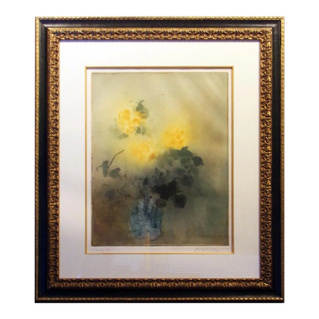 1980s Yellow Roses Still Life Signed Aquatint Etching by Kaiko Moti, Framed For Sale
