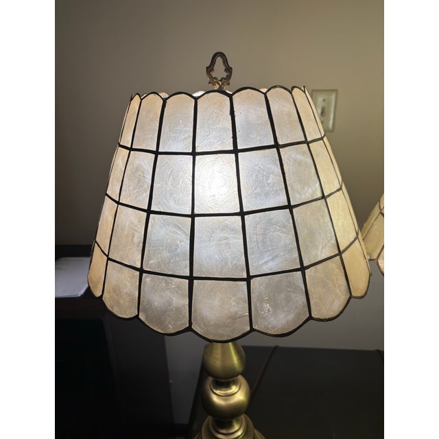 1970s Vintage Brass Capiz Shell Lamp Set For Sale - Image 5 of 12