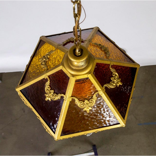 Mid 20th Century Mid 20th Century Paneled Amber Glass Pendant Light With Crystal Accents For Sale - Image 5 of 13