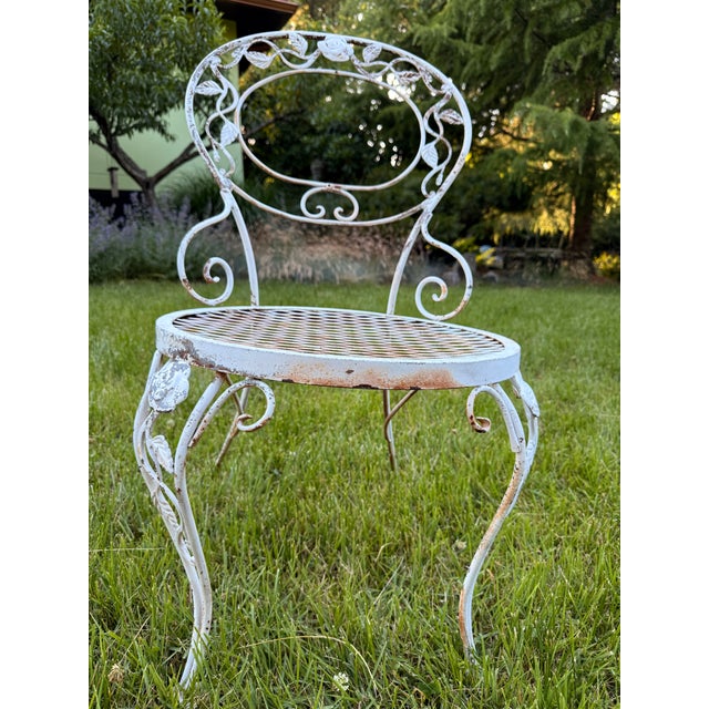 1940s Vintage Woodard Chantilly Rose Wrought Iron Dining Set — Table & Six Chairs For Sale - Image 5 of 11
