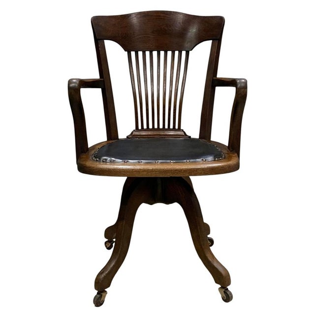 Antique Victorian Oak Railback Clerks Desk Chair with Porcelain Castors, 1890s For Sale - Image 4 of 12