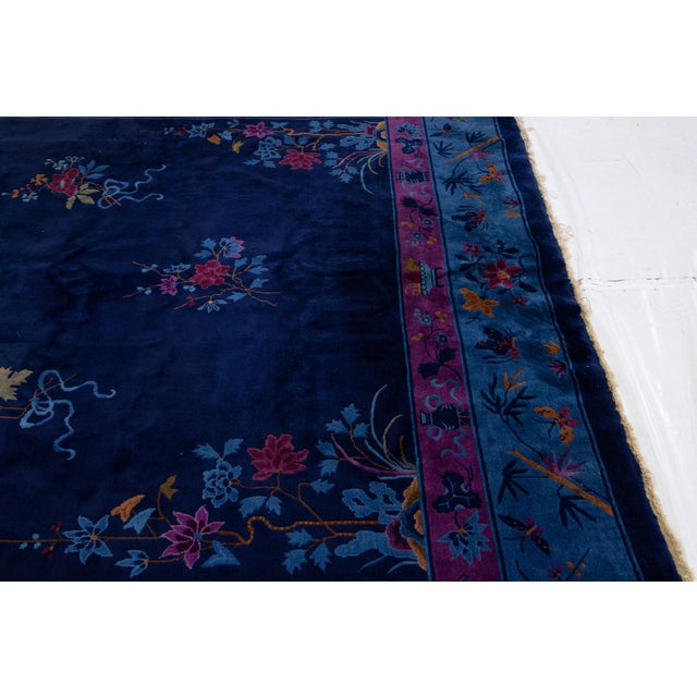 1920s Navy Blue Antique Chinese Art Deco Handmade Wool Rug With Floral Design For Sale - Image 12 of 15