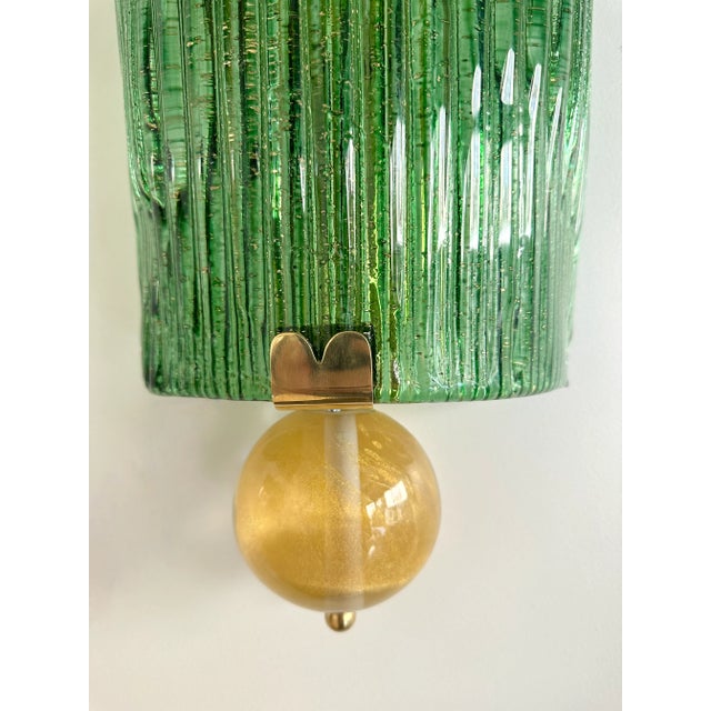 Large Contemporary Pair of Brass and Green Gold Leaf Murano Glass Sconces, Italy For Sale - Image 6 of 12