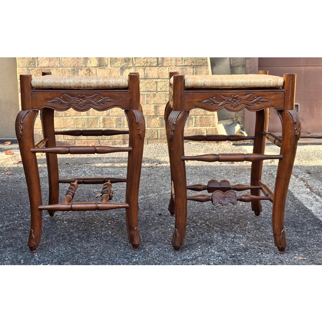 Late 20th Century Pair Louis XV Style Carved Mahogany and Rush Seat Counter Stools, a Pair For Sale - Image 4 of 6