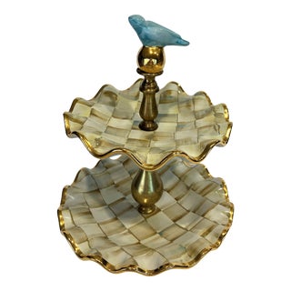 MacKenzie-Childs Parchment Check Two Tiered With Bluebird For Sale