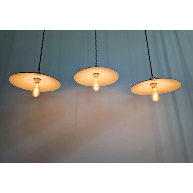 Vintage Industrial Pendant Lights in Black Enameled Sheet Metal, 1940s, Set of 3 For Sale - Image 6 of 17