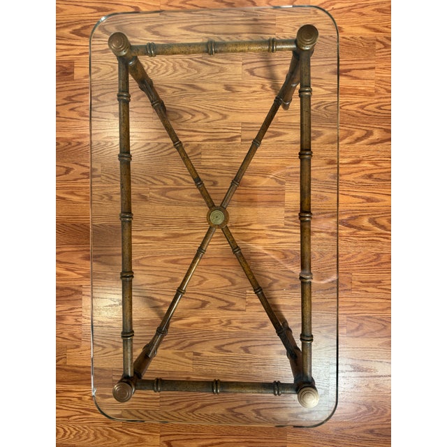 Traditional Vintage Regency Faux Bamboo Brown Metal, Brass & Glass Coffee Table For Sale - Image 3 of 11