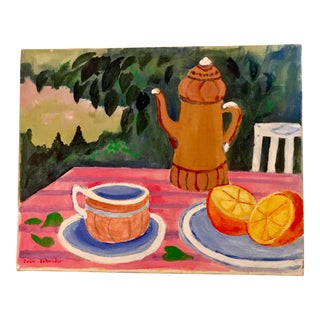 Mid-Century Still Life "Tea and Oranges in the Garden" by Joan Schreder For Sale