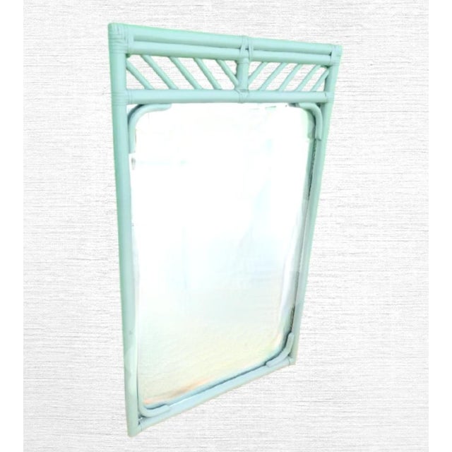 Ficks Reed Vintage Ficks Reed Style Pale Blue Grey Chippendale Bamboo Regency Coastal Wall Mirror For Sale - Image 4 of 5