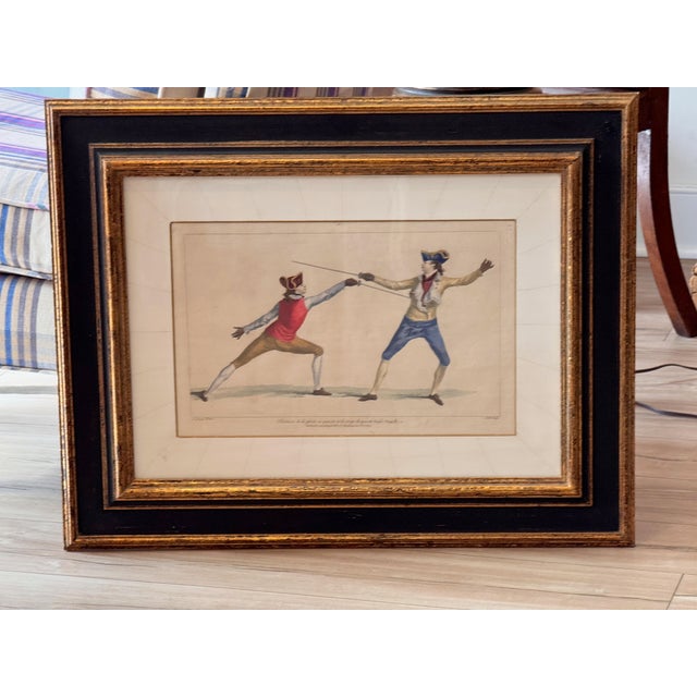 Set of Three Hand Colored Fencing Themed Engravings For Sale - Image 6 of 11