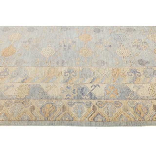 14x21 Modern Khotan HandKnotted Wool Rug – Blue, Ivory & Gold Pomegranate Design For Sale In New York - Image 6 of 11
