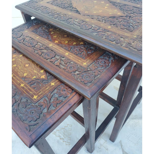 1990s 1990s Vintage Handmade Indian Style Moroccan Carved Wooden Nesting Tables, Copper Inlay For Sale - Image 5 of 8